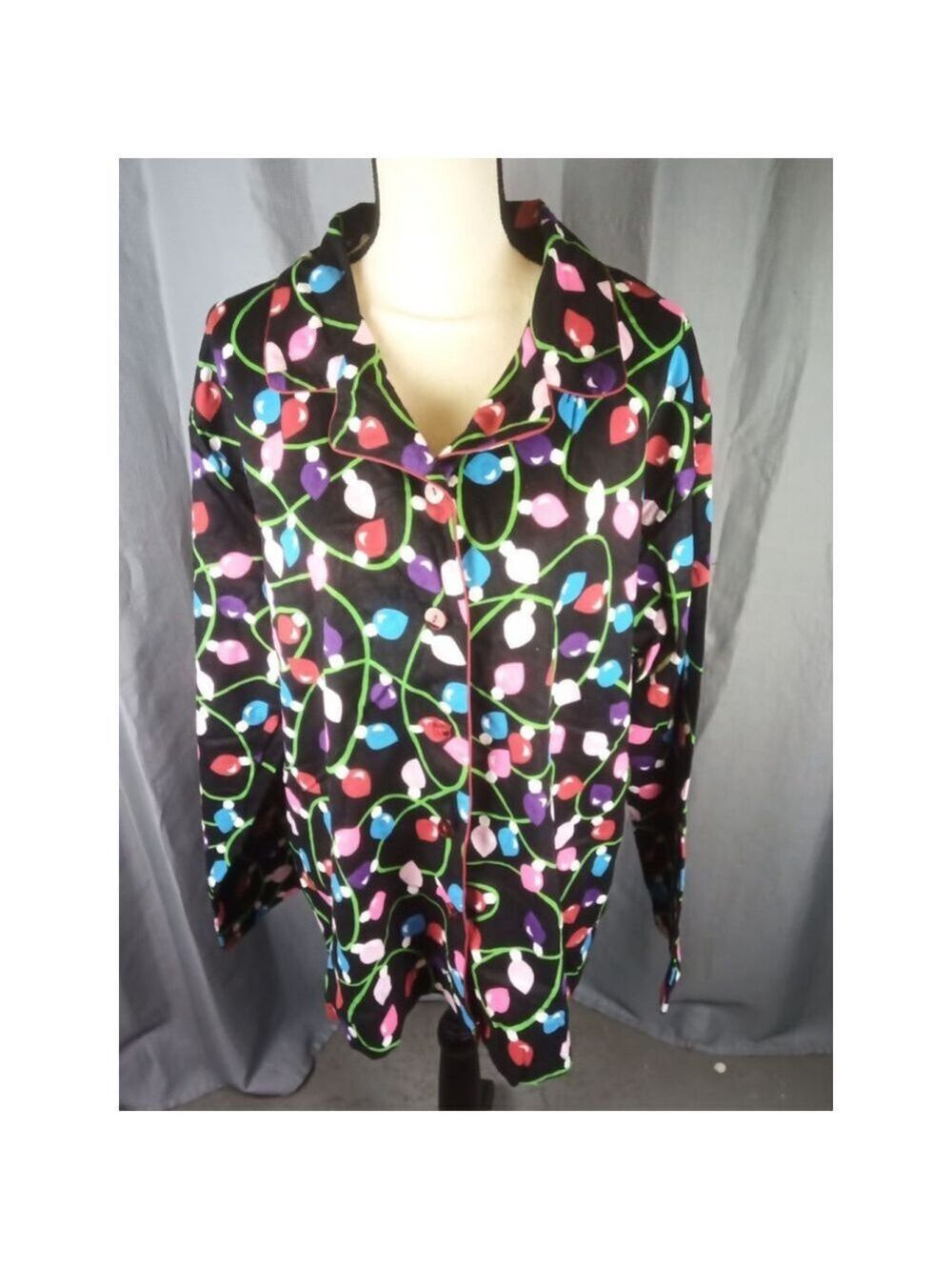 Women's #followme Black Multi-color Christmas Lights Pajama Top 2X